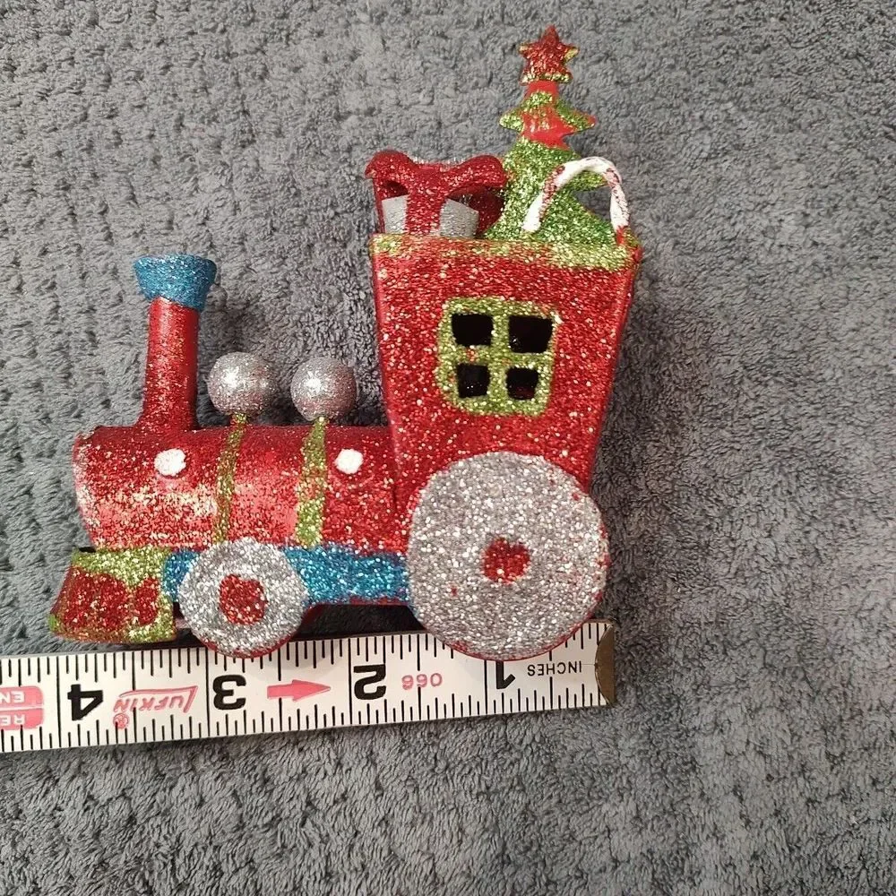 Metal Train‎ Locomotive Engine Christmas Ornament Decoration Glitter Green Red